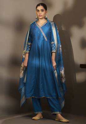 Women blue cotton embroidered straight anarkali kurta set with printed organza dupatta & pants 3