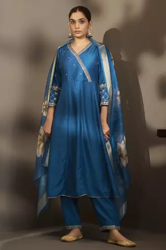 Women blue cotton embroidered straight anarkali kurta set with printed organza dupatta & pants