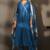 Women blue cotton embroidered straight anarkali kurta set with printed organza dupatta & pants