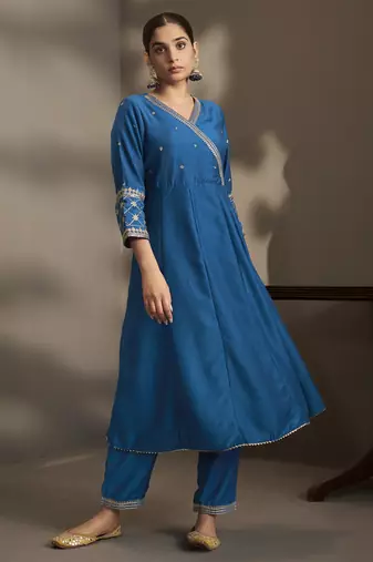 Women blue cotton embroidered straight anarkali kurta set with printed organza dupatta & pants