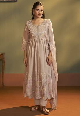 Brown pure cotton embroidered anarkali kurta set with dupatta for women 1