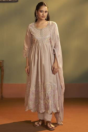 Brown pure cotton embroidered anarkali kurta set with dupatta for women