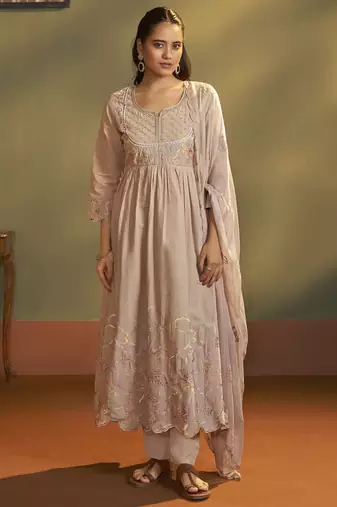 Brown pure cotton embroidered anarkali kurta set with dupatta for women