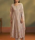 Brown pure cotton embroidered anarkali kurta set with dupatta for women