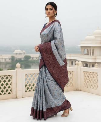 Grey nvay blue silk blend banarasi saree with unstitched blouse piece 2