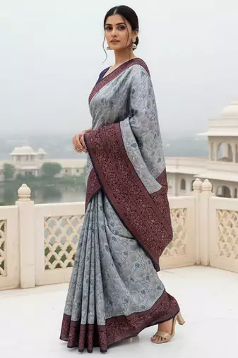 Grey nvay blue silk blend banarasi saree with unstitched blouse piece