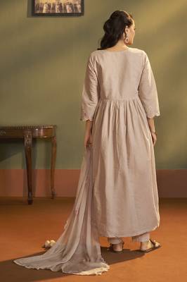 Brown pure cotton embroidered anarkali kurta set with dupatta for women 2