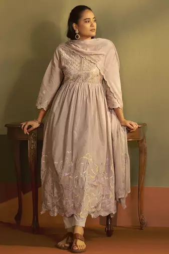 Brown pure cotton embroidered anarkali kurta set with dupatta for women
