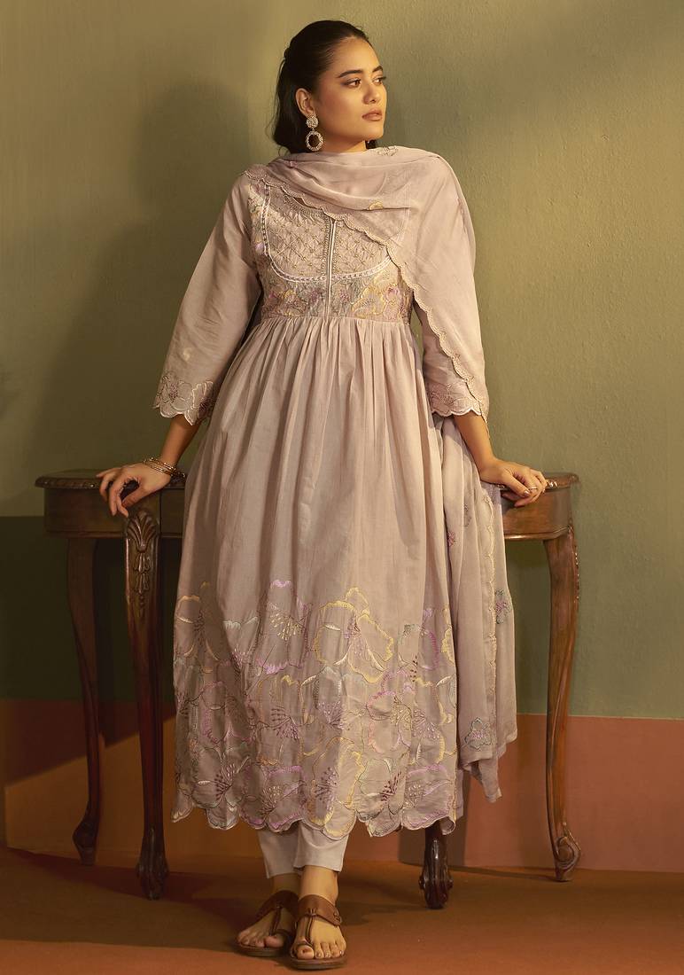 Brown pure cotton embroidered anarkali kurta set with dupatta for women