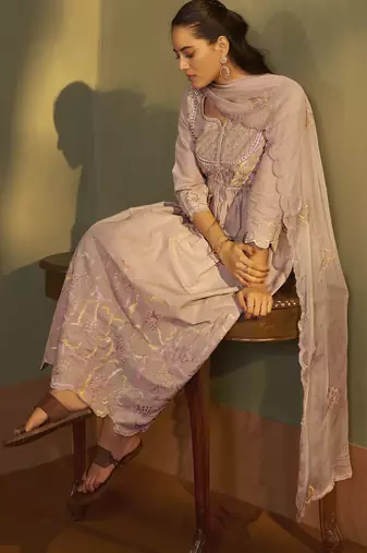 Brown pure cotton embroidered anarkali kurta set with dupatta for women