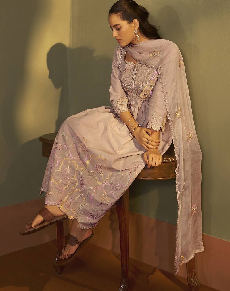 Brown pure cotton embroidered anarkali kurta set with dupatta for women
