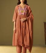 Women's orange pure cotton embroidered kurta set with dupatta