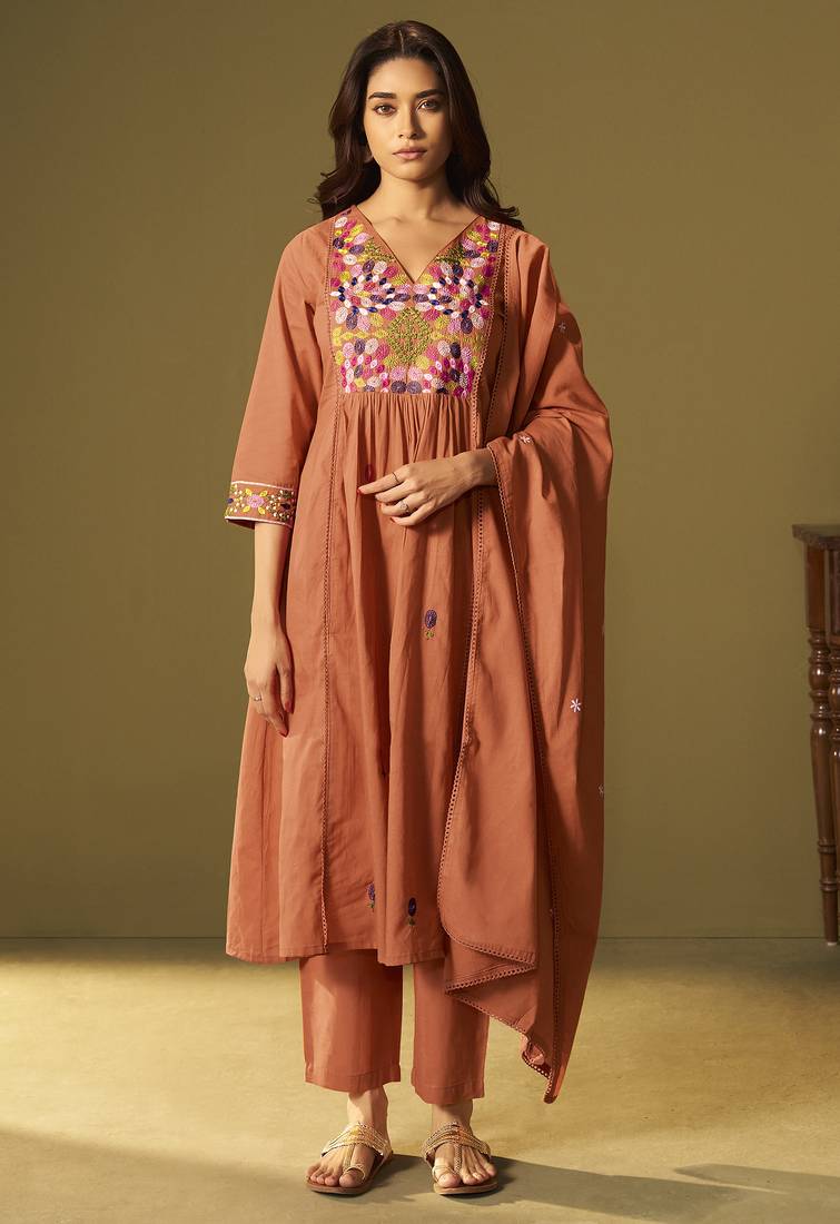 Women's orange pure cotton embroidered kurta set with dupatta