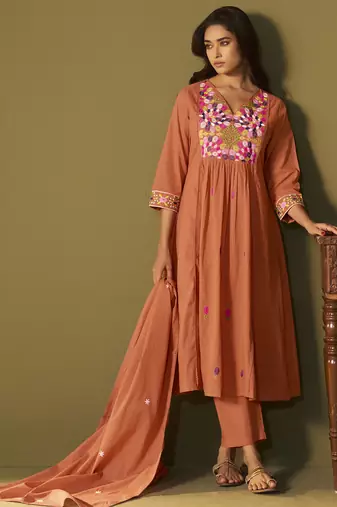 Women's orange pure cotton embroidered kurta set with dupatta