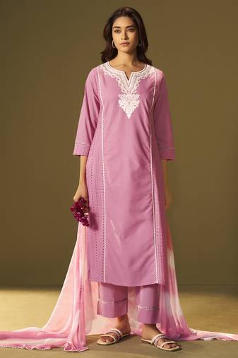 Pink pure cotton schiffli embroidered straight kurta set dupatta