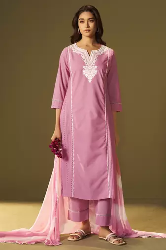 Pink pure cotton schiffli embroidered straight kurta set dupatta