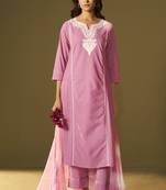 Pink pure cotton schiffli embroidered straight kurta set dupatta