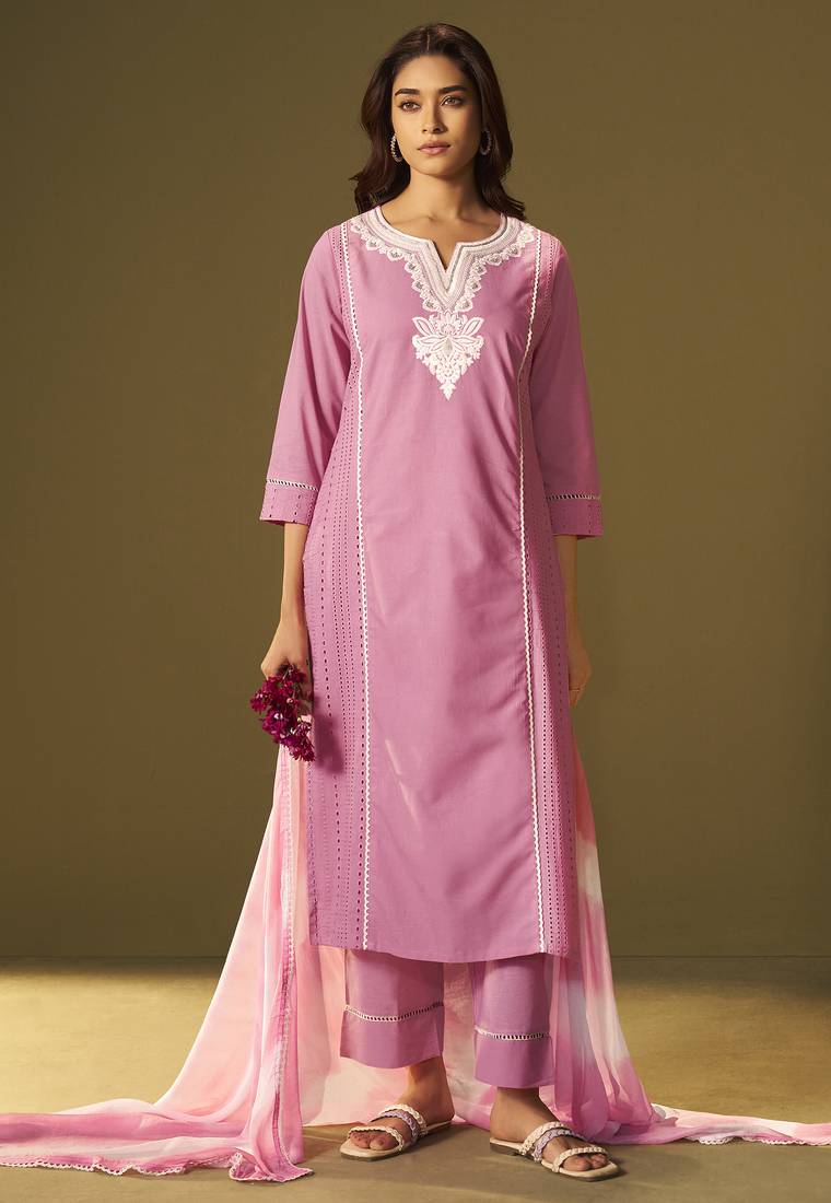 Pink pure cotton schiffli embroidered straight kurta set dupatta