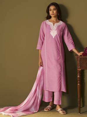 Pink pure cotton schiffli embroidered straight kurta set dupatta 2