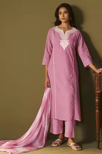 Pink pure cotton schiffli embroidered straight kurta set dupatta