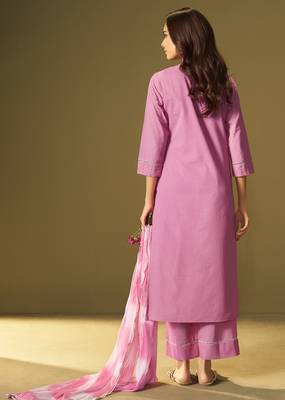 Pink pure cotton schiffli embroidered straight kurta set dupatta 3