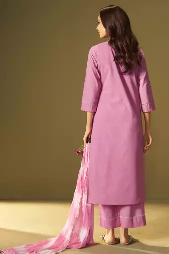 Pink pure cotton schiffli embroidered straight kurta set dupatta