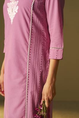 Pink pure cotton schiffli embroidered straight kurta set dupatta 4