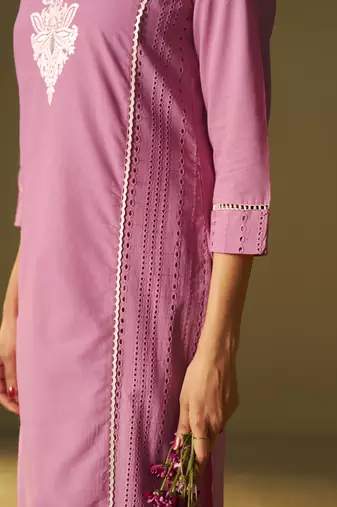Pink pure cotton schiffli embroidered straight kurta set dupatta