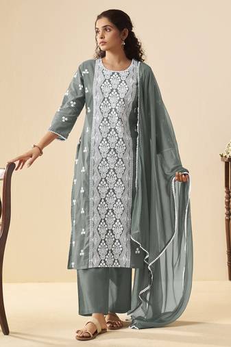 Grey pure cotton schiffli embroidered straight kurta set with cotton pants, inner & najmin chiffon dupatta