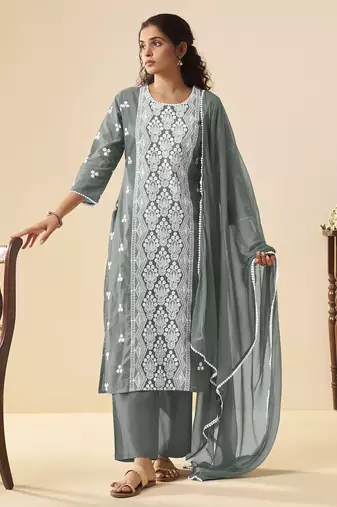 Grey pure cotton schiffli embroidered straight kurta set with cotton pants, inner & najmin chiffon dupatta