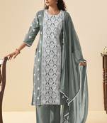 Grey pure cotton schiffli embroidered straight kurta set with cotton pants, inner & najmin chiffon dupatta