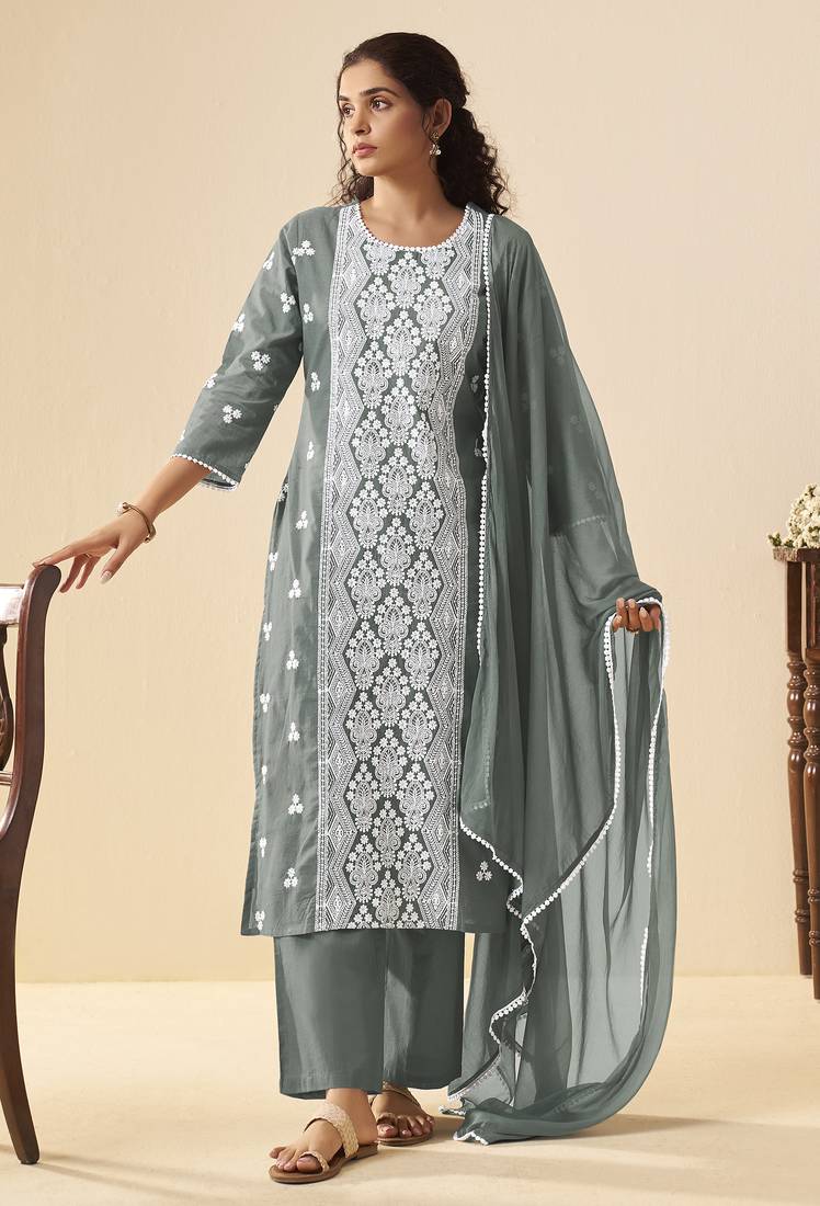 Grey pure cotton schiffli embroidered straight kurta set with cotton pants, inner & najmin chiffon dupatta