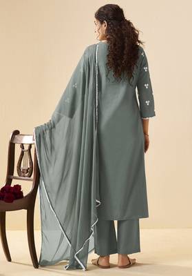 Grey pure cotton schiffli embroidered straight kurta set with cotton pants, inner & najmin chiffon dupatta 2