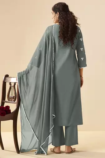 Grey pure cotton schiffli embroidered straight kurta set with cotton pants, inner & najmin chiffon dupatta
