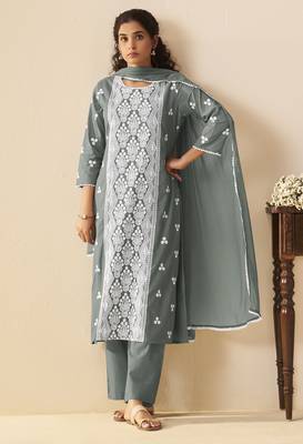 Grey pure cotton schiffli embroidered straight kurta set with cotton pants, inner & najmin chiffon dupatta 3