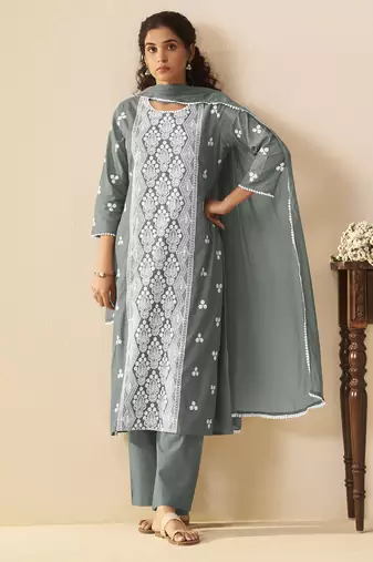 Grey pure cotton schiffli embroidered straight kurta set with cotton pants, inner & najmin chiffon dupatta