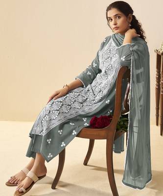 Grey pure cotton schiffli embroidered straight kurta set with cotton pants, inner & najmin chiffon dupatta 4
