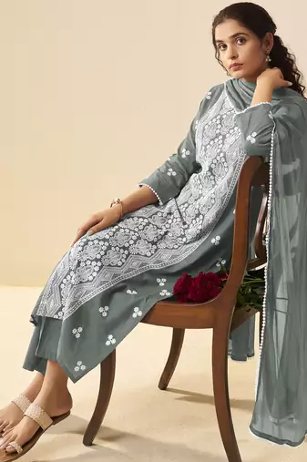 Grey pure cotton schiffli embroidered straight kurta set with cotton pants, inner & najmin chiffon dupatta