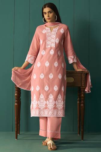 Orange pure cotton schiffli embroidered straight kurta set dupatta