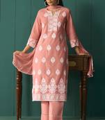 Orange pure cotton schiffli embroidered straight kurta set dupatta