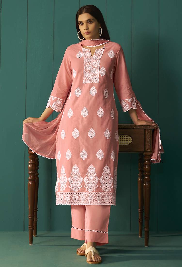 Orange pure cotton schiffli embroidered straight kurta set dupatta