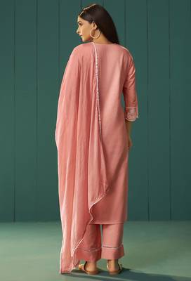 Orange pure cotton schiffli embroidered straight kurta set dupatta 2