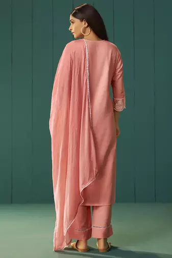 Orange pure cotton schiffli embroidered straight kurta set dupatta