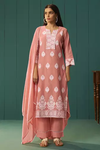 Orange pure cotton schiffli embroidered straight kurta set dupatta