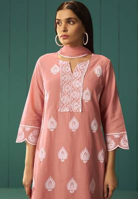 Orange pure cotton schiffli embroidered straight kurta set dupatta 4