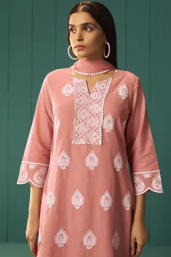 Orange pure cotton schiffli embroidered straight kurta set dupatta