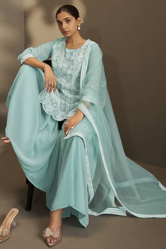 Women sky blue georgette schiffli embroidered straight kurta with sharara & net dupatta
