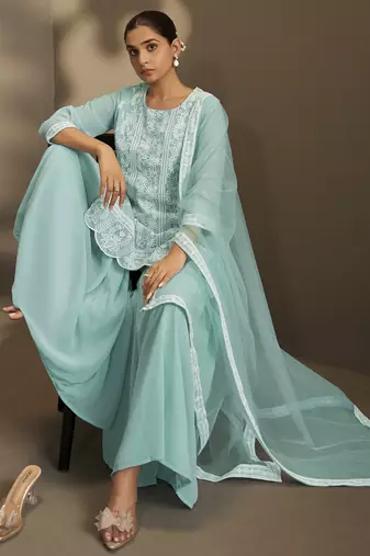 Women sky blue georgette schiffli embroidered straight kurta with sharara & net dupatta