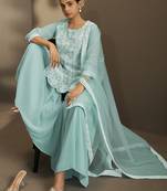 Women sky blue georgette schiffli embroidered straight kurta with sharara & net dupatta