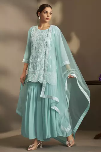 Women sky blue georgette schiffli embroidered straight kurta with sharara & net dupatta